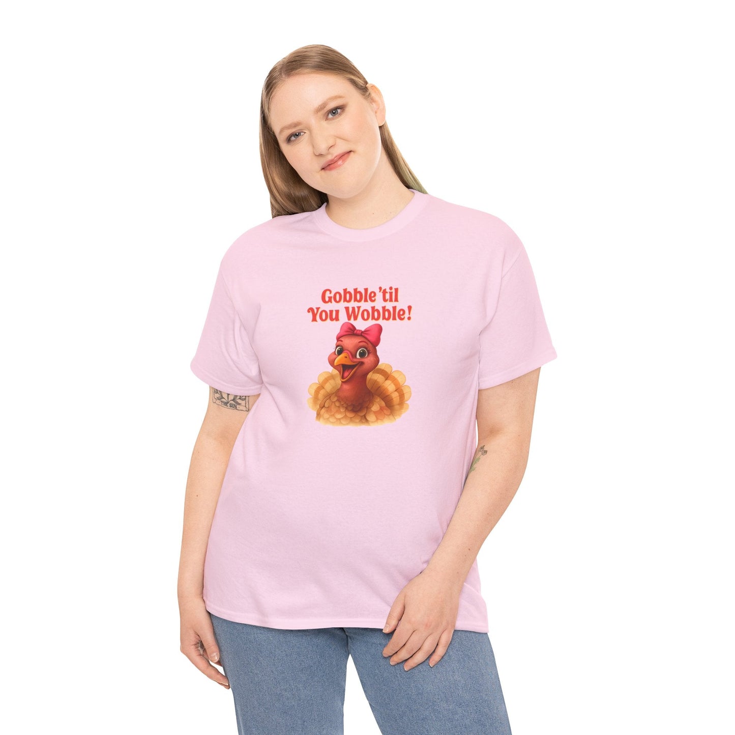 Gobble ’Til You Wobble Turkey Shirt – Funny Thanksgiving Tee, Smiling Female Turkey with Coquette Bow, Friendsgiving Graphic Top - Light Pink