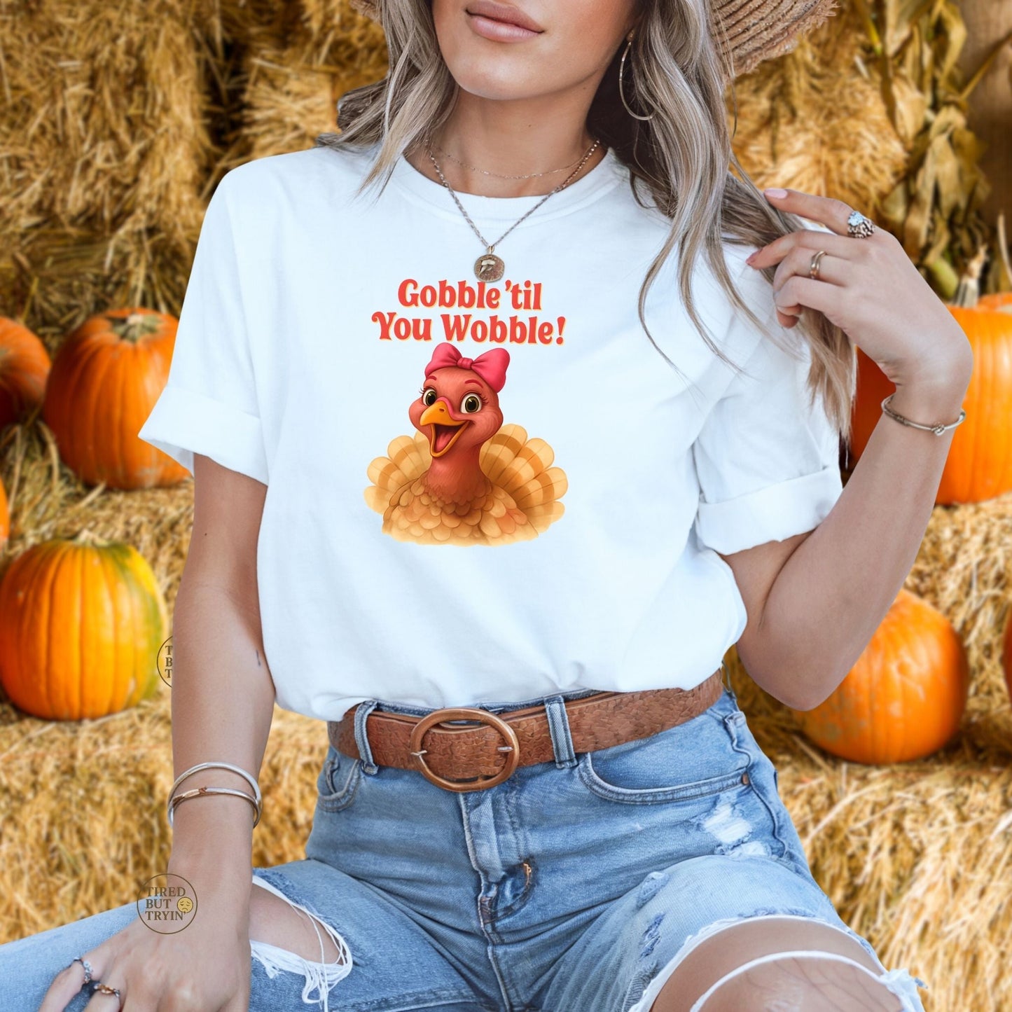 Gobble ’Til You Wobble Turkey Shirt – Funny Thanksgiving Tee, Smiling Female Turkey with Coquette Bow, Friendsgiving Graphic Top - White