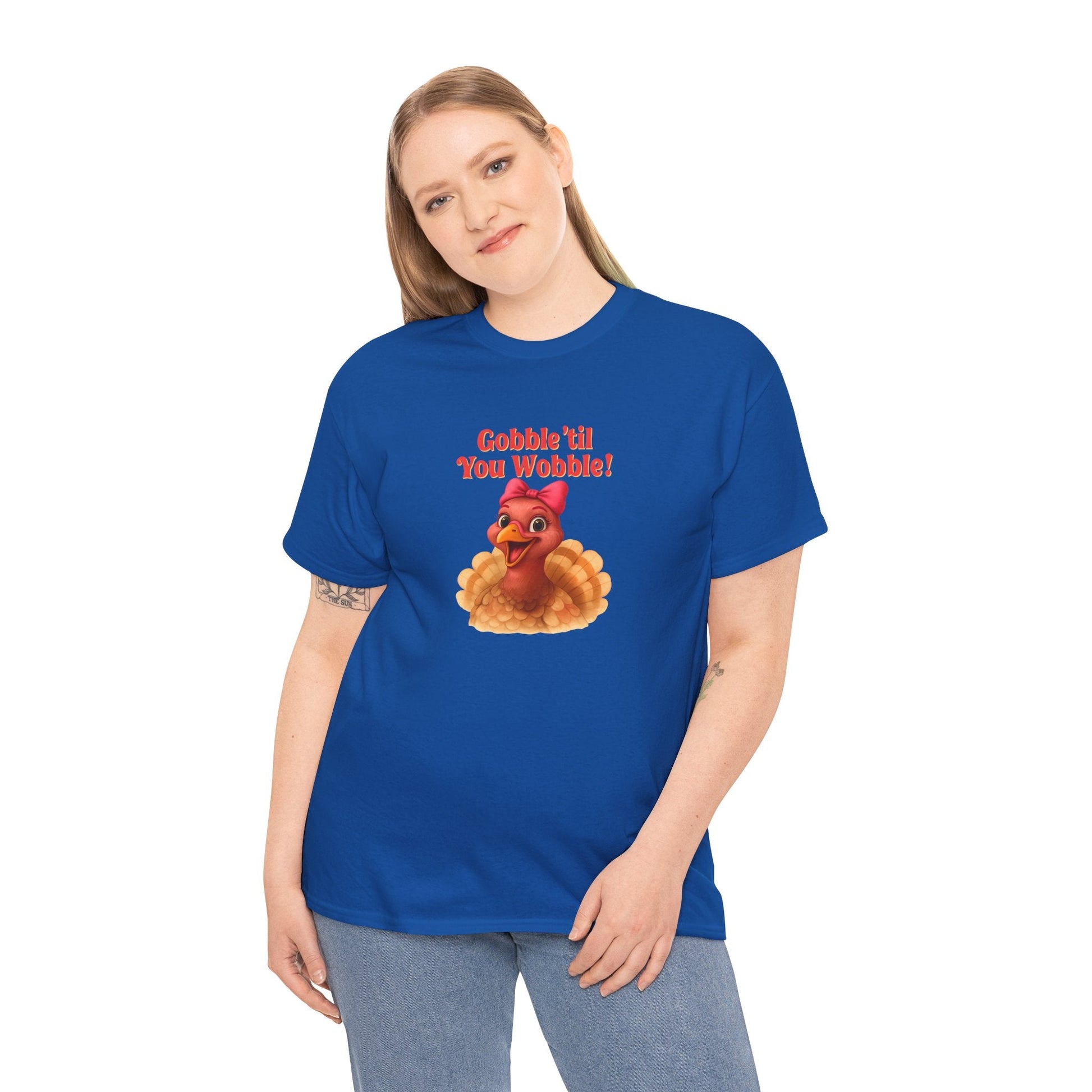 Gobble ’Til You Wobble Turkey Shirt – Funny Thanksgiving Tee, Smiling Female Turkey with Coquette Bow, Friendsgiving Graphic Top - Royal