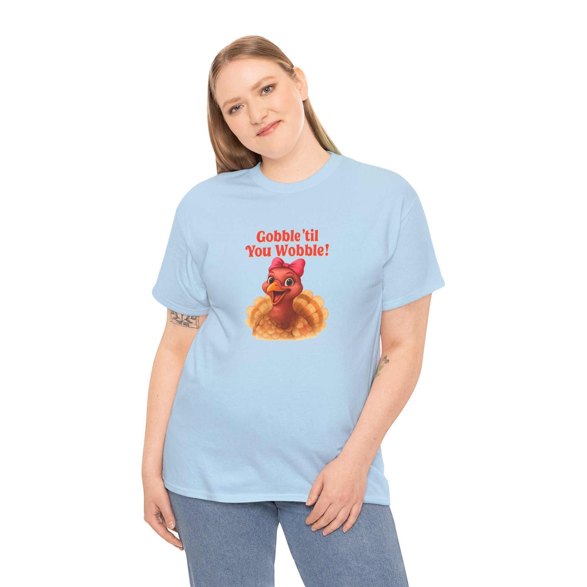 Gobble ’Til You Wobble Turkey Shirt – Funny Thanksgiving Tee, Smiling Female Turkey with Coquette Bow, Friendsgiving Graphic Top - Light Blue