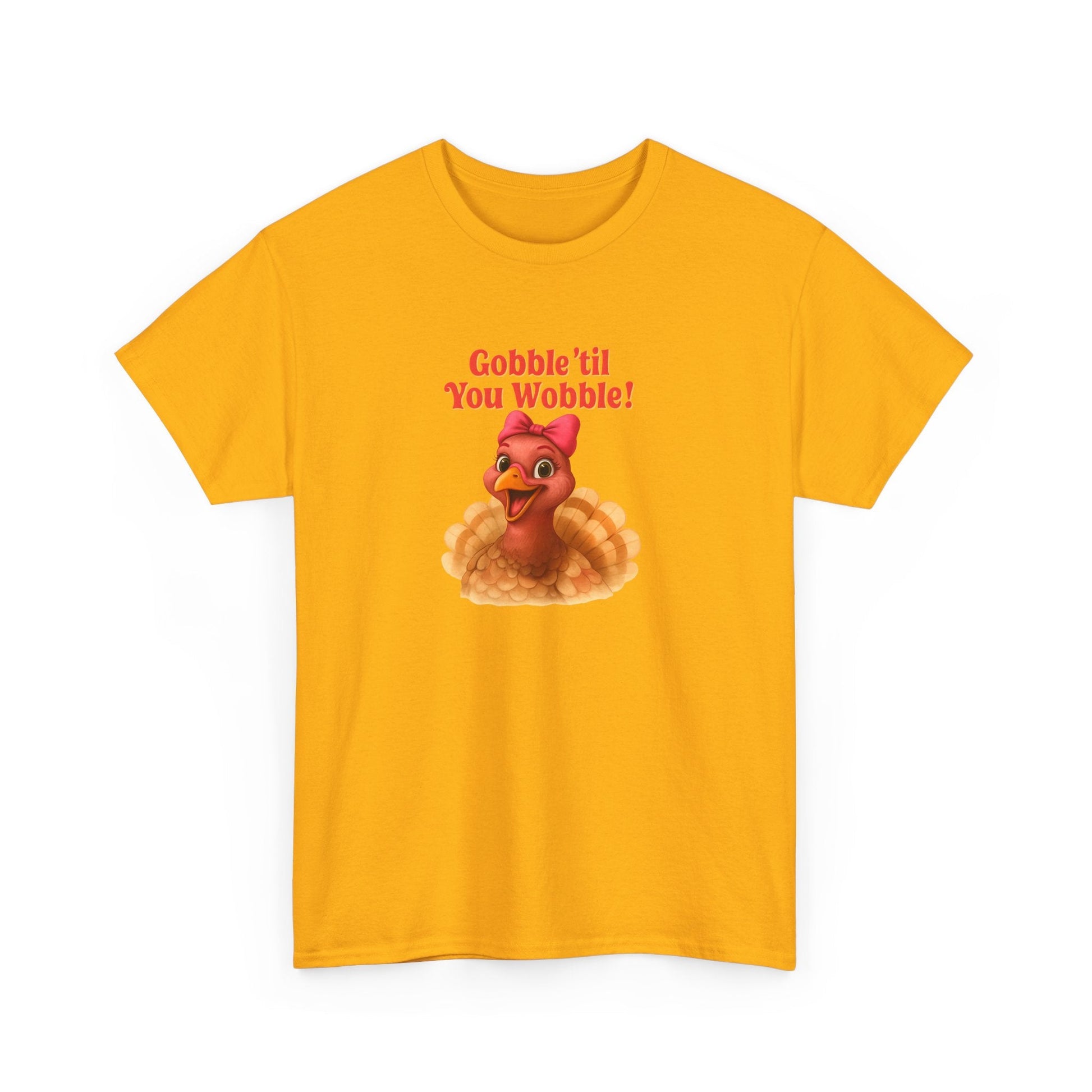 Gobble ’Til You Wobble Turkey Shirt – Funny Thanksgiving Tee, Smiling Female Turkey with Coquette Bow, Friendsgiving Graphic Top - Gold
