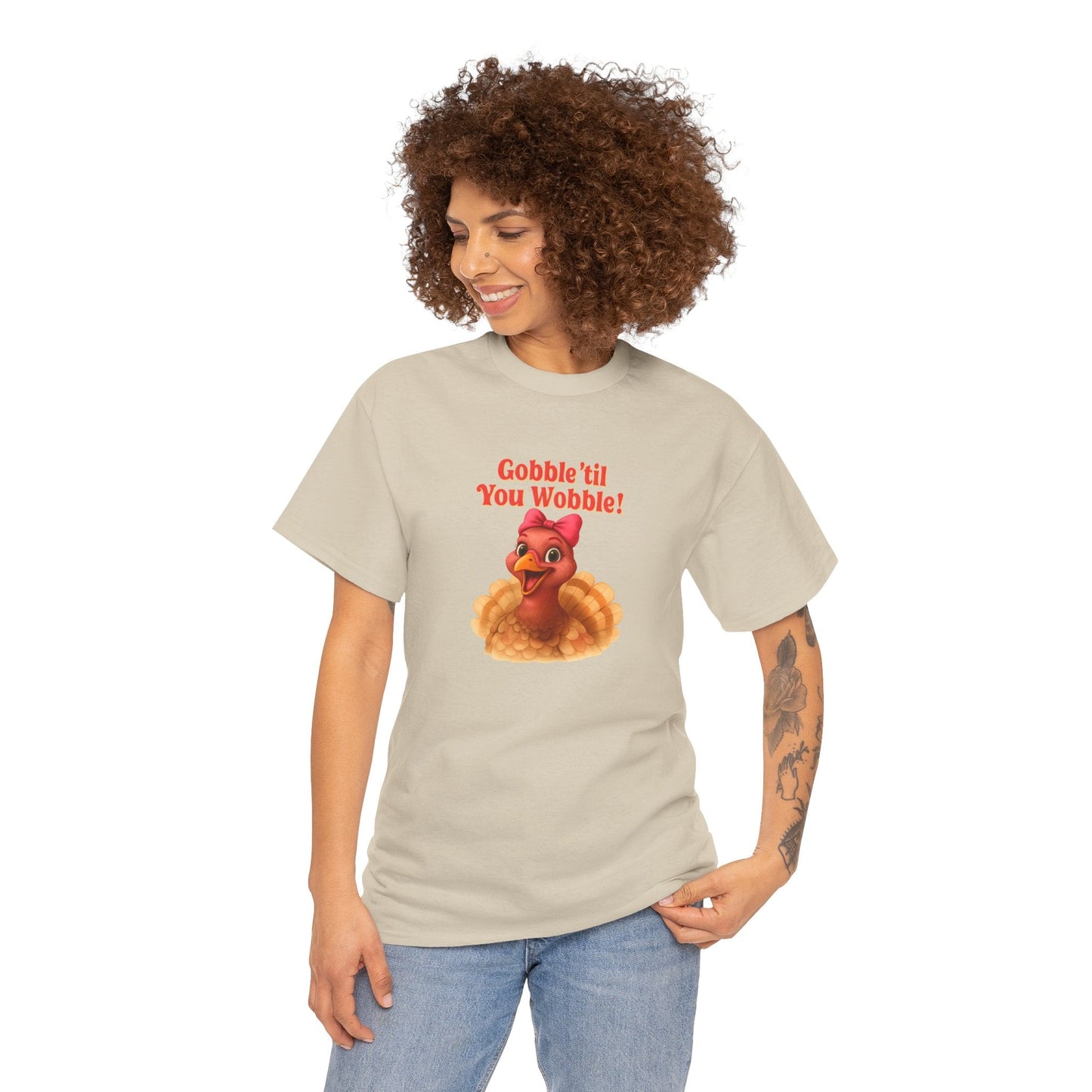 Gobble ’Til You Wobble Turkey Shirt – Funny Thanksgiving Tee, Smiling Female Turkey with Coquette Bow, Friendsgiving Graphic Top - Sand