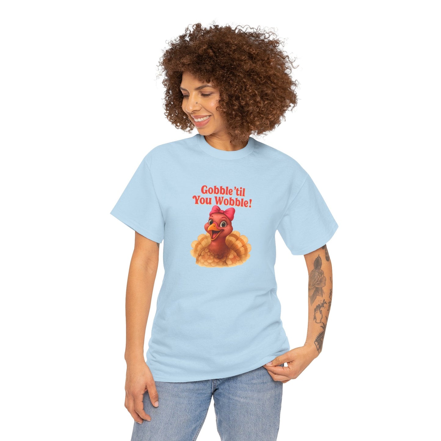 Gobble ’Til You Wobble Turkey Shirt – Funny Thanksgiving Tee, Smiling Female Turkey with Coquette Bow, Friendsgiving Graphic Top - Light Blue
