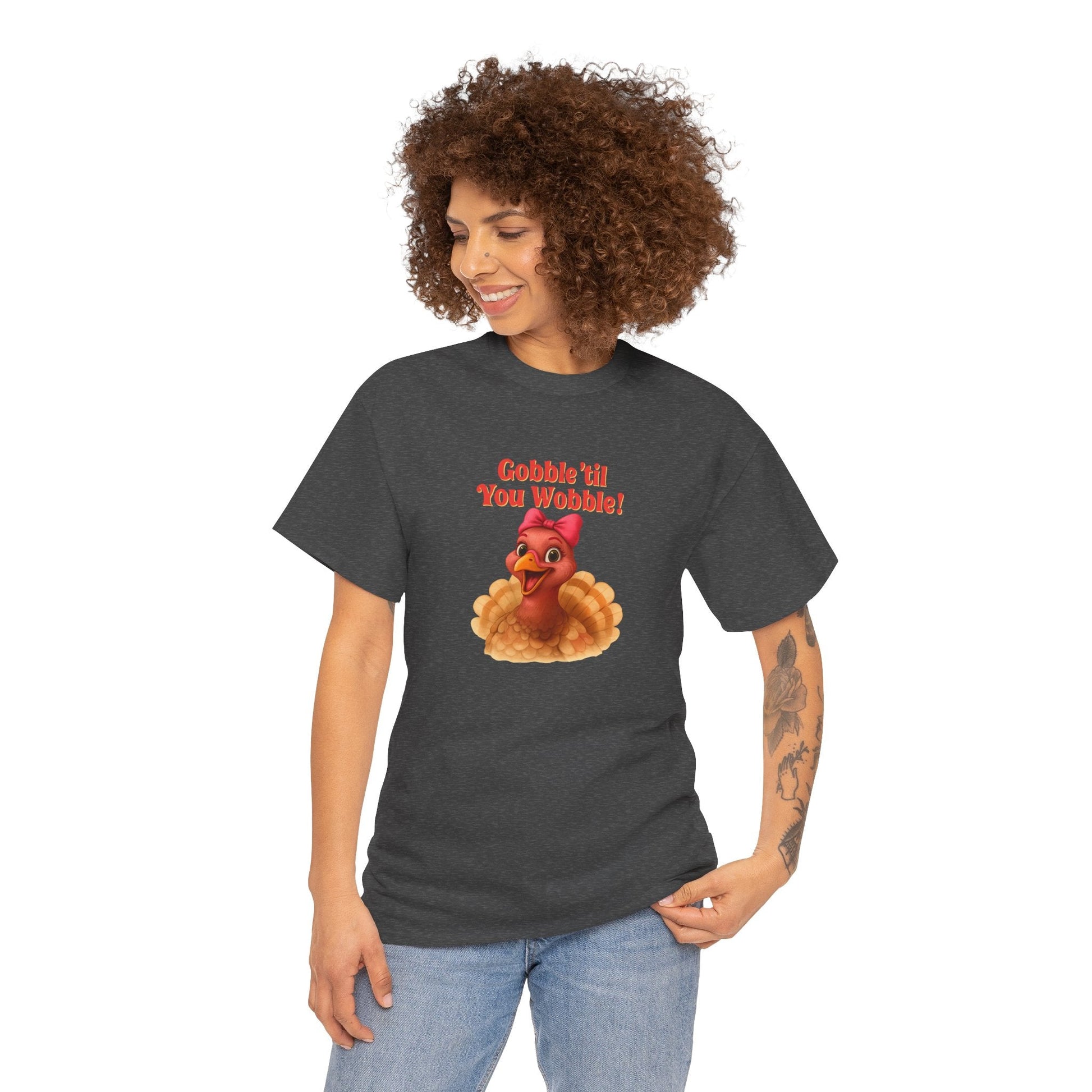 Gobble ’Til You Wobble Turkey Shirt – Funny Thanksgiving Tee, Smiling Female Turkey with Coquette Bow, Friendsgiving Graphic Top - Dark Heather
