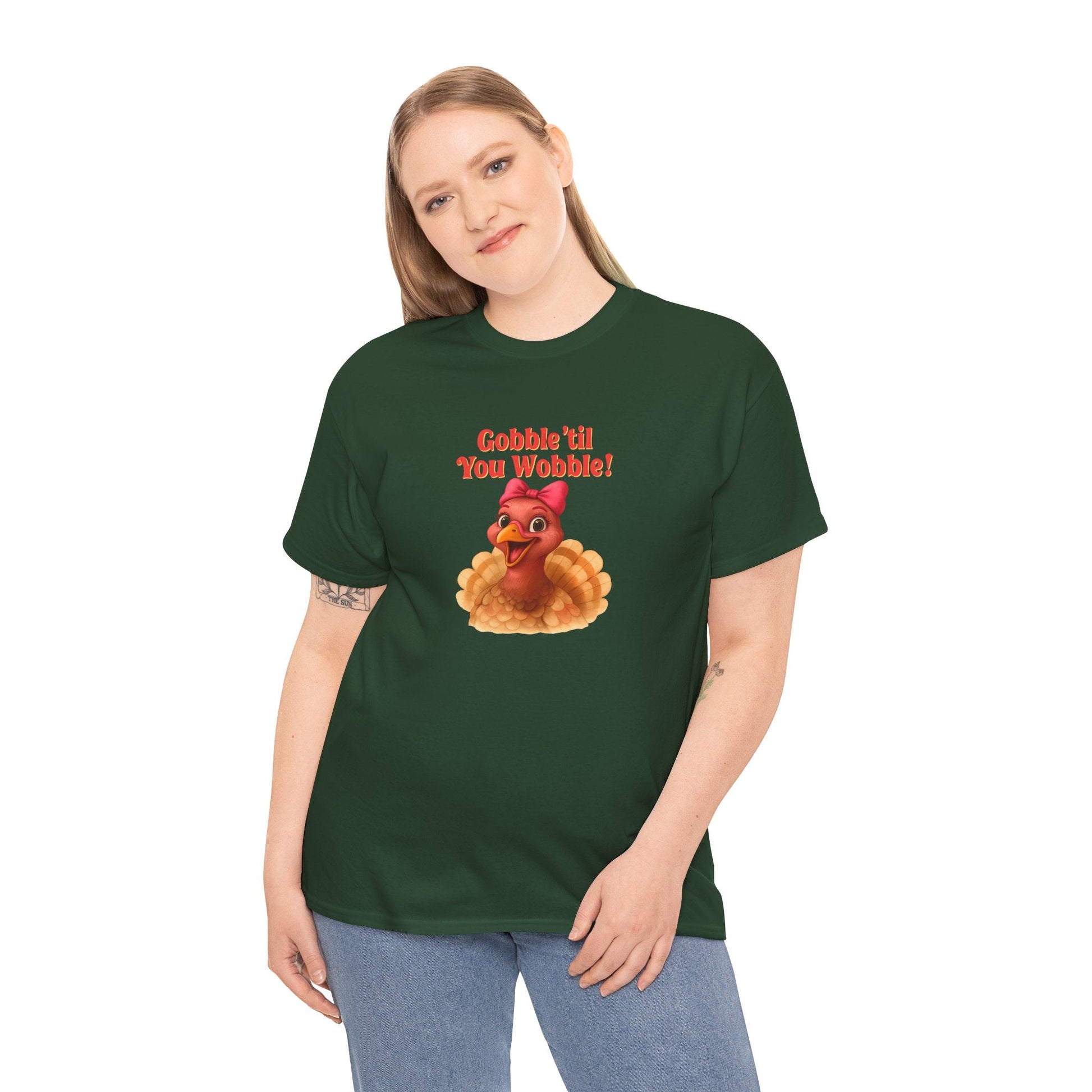 Gobble ’Til You Wobble Turkey Shirt – Funny Thanksgiving Tee, Smiling Female Turkey with Coquette Bow, Friendsgiving Graphic Top - Forest Green