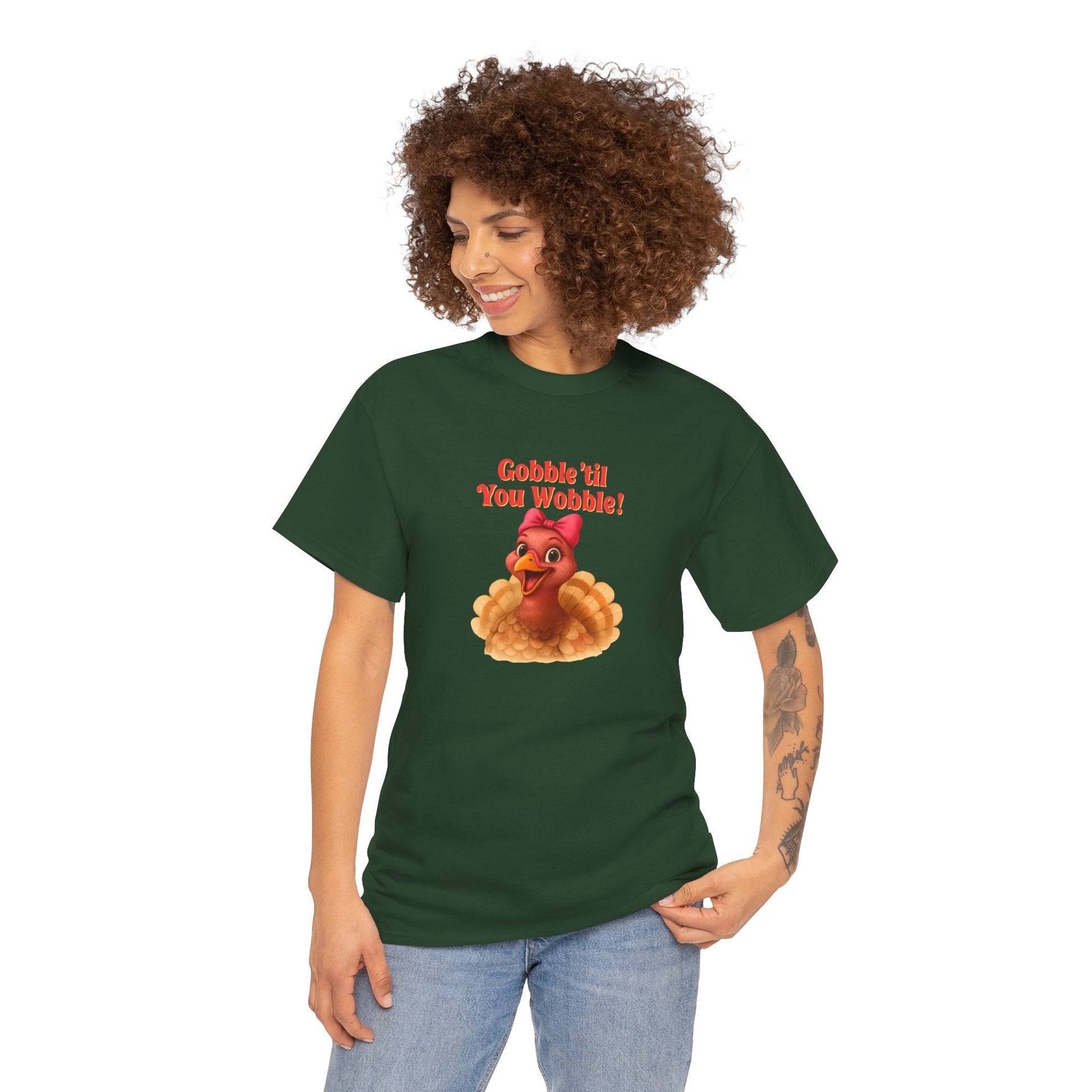 Gobble ’Til You Wobble Turkey Shirt – Funny Thanksgiving Tee, Smiling Female Turkey with Coquette Bow, Friendsgiving Graphic Top - Forest Green