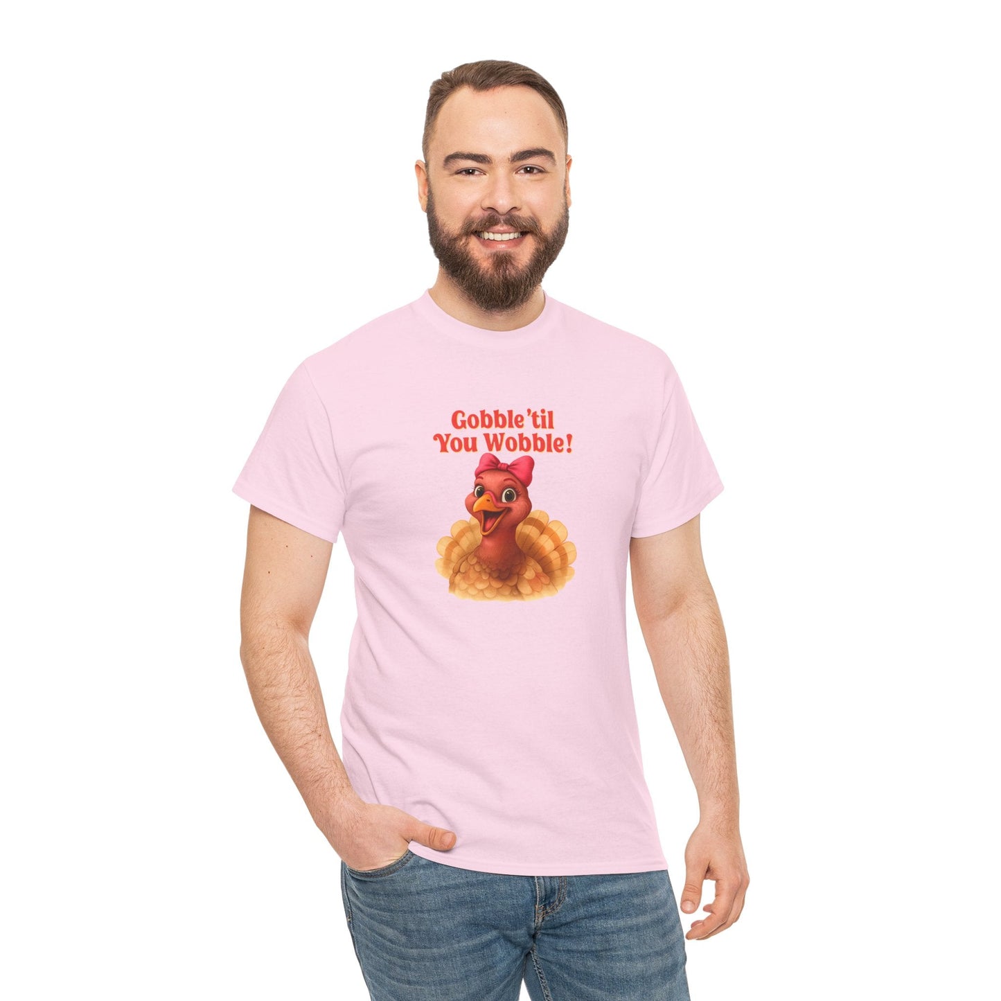 Gobble ’Til You Wobble Turkey Shirt – Funny Thanksgiving Tee, Smiling Female Turkey with Coquette Bow, Friendsgiving Graphic Top - Light Pink