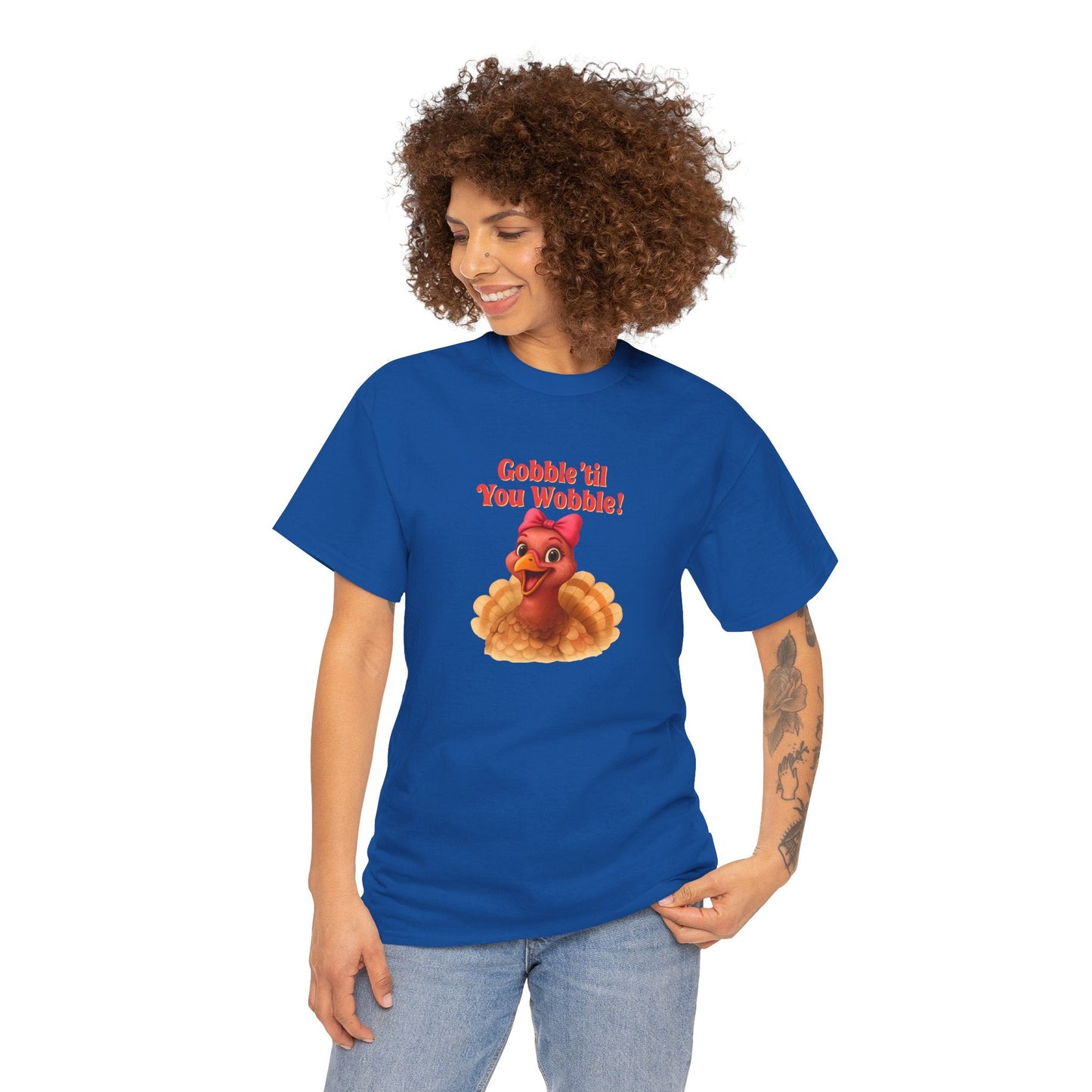 Gobble ’Til You Wobble Turkey Shirt – Funny Thanksgiving Tee, Smiling Female Turkey with Coquette Bow, Friendsgiving Graphic Top - Royal