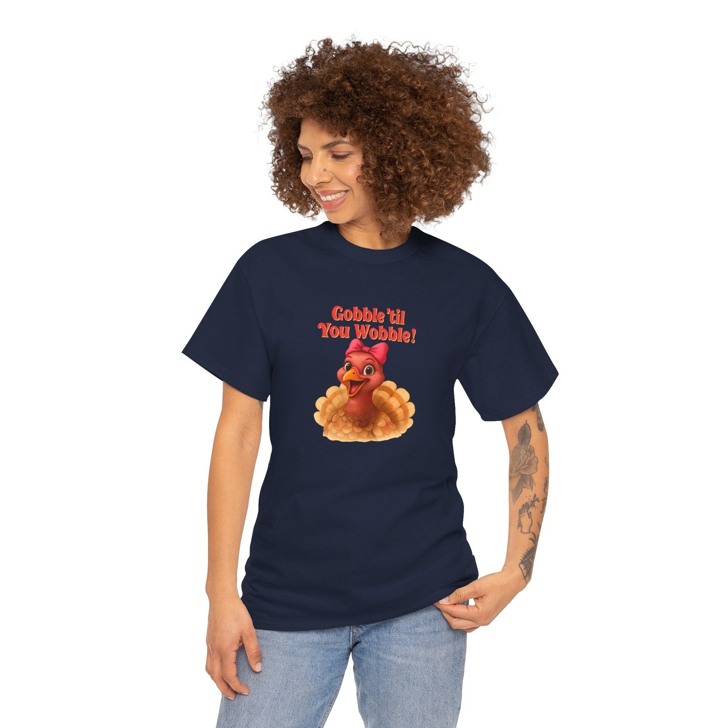Gobble ’Til You Wobble Turkey Shirt – Funny Thanksgiving Tee, Smiling Female Turkey with Coquette Bow, Friendsgiving Graphic Top - Navy