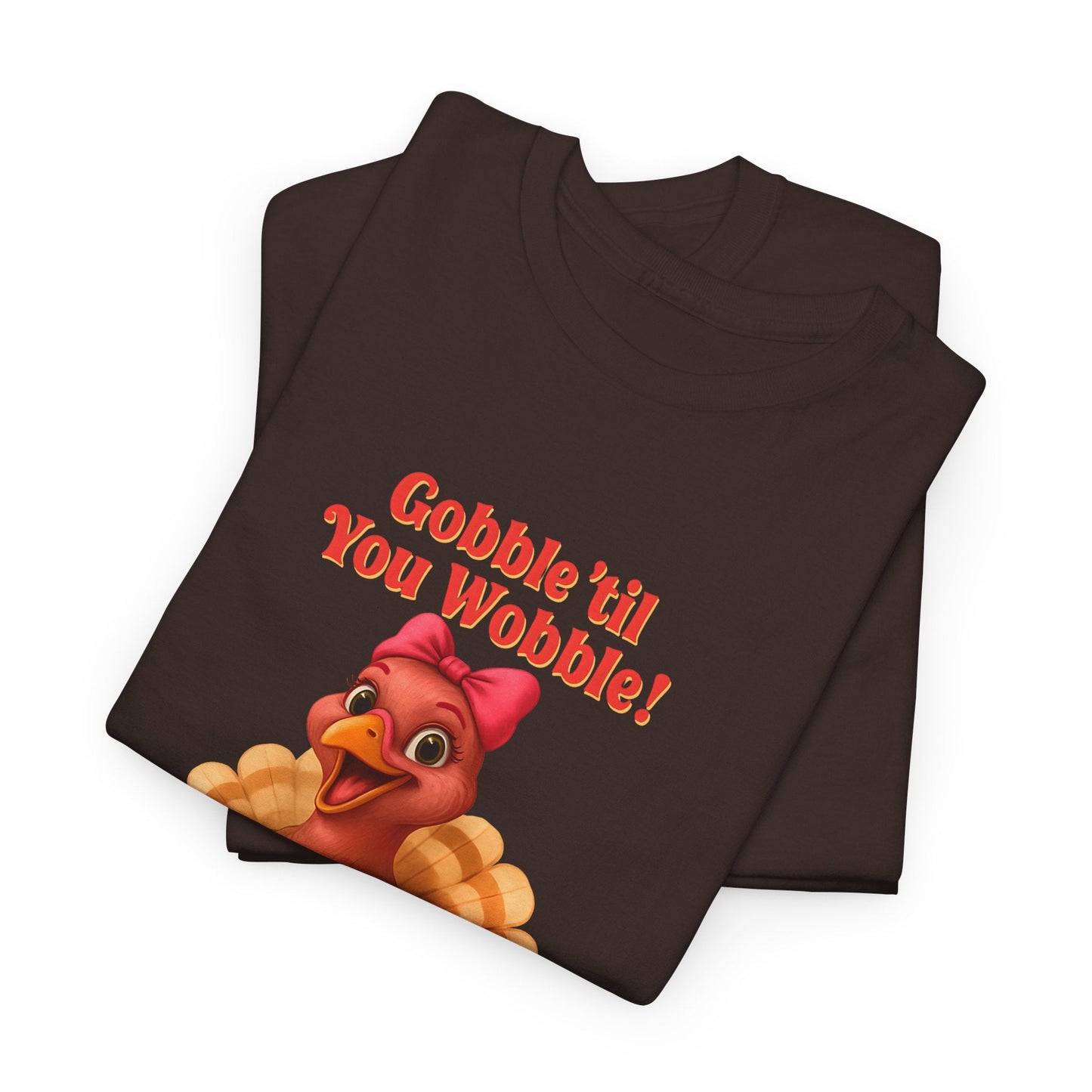 Gobble ’Til You Wobble Turkey Shirt – Funny Thanksgiving Tee, Smiling Female Turkey with Coquette Bow, Friendsgiving Graphic Top - Dark Chocolate