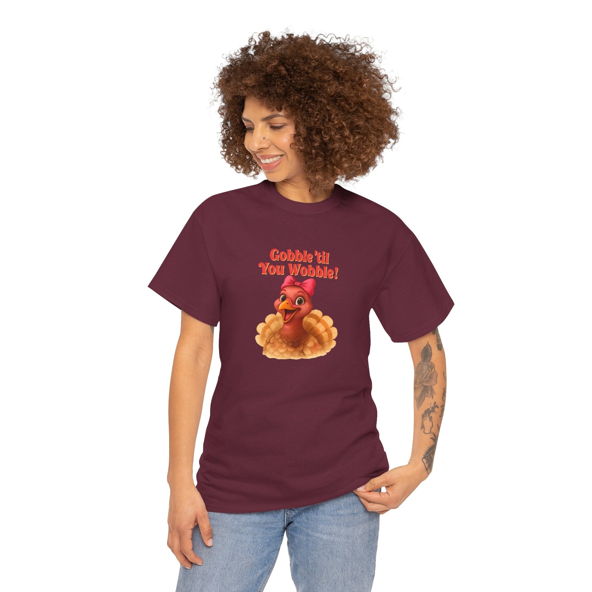 Gobble ’Til You Wobble Turkey Shirt – Funny Thanksgiving Tee, Smiling Female Turkey with Coquette Bow, Friendsgiving Graphic Top - Maroon