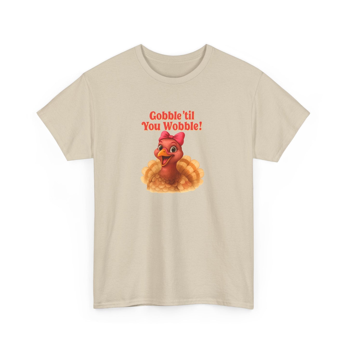 Gobble ’Til You Wobble Turkey Shirt – Funny Thanksgiving Tee, Smiling Female Turkey with Coquette Bow, Friendsgiving Graphic Top - Sand