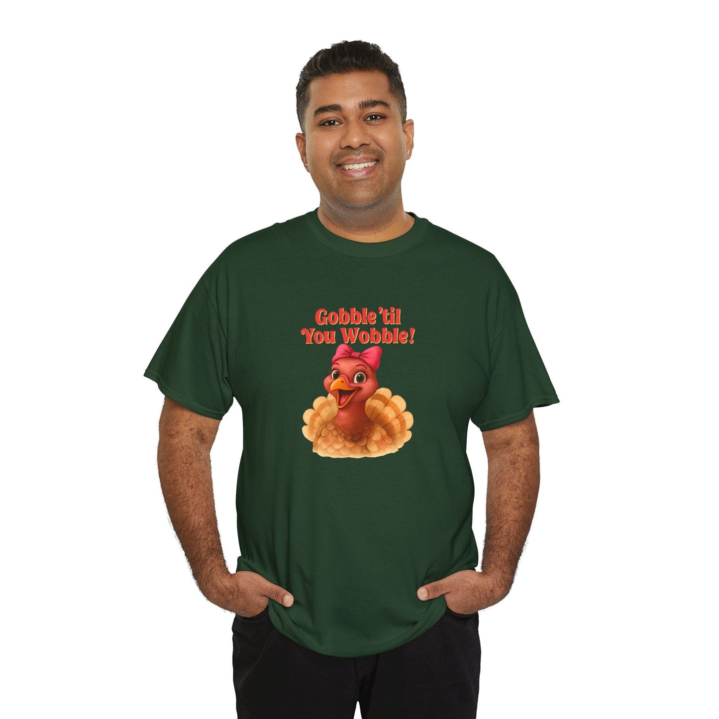 Gobble ’Til You Wobble Turkey Shirt – Funny Thanksgiving Tee, Smiling Female Turkey with Coquette Bow, Friendsgiving Graphic Top - Forest Green
