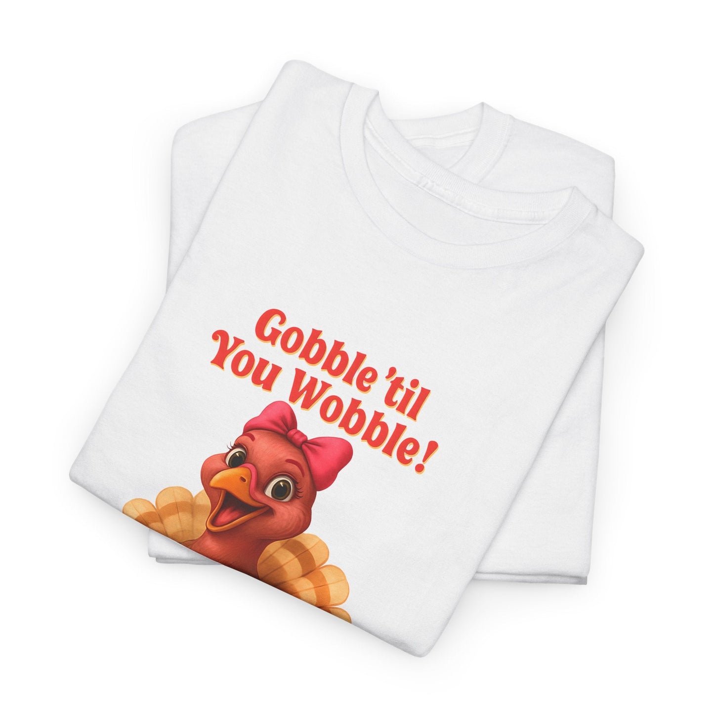 Gobble ’Til You Wobble Turkey Shirt – Funny Thanksgiving Tee, Smiling Female Turkey with Coquette Bow, Friendsgiving Graphic Top - White