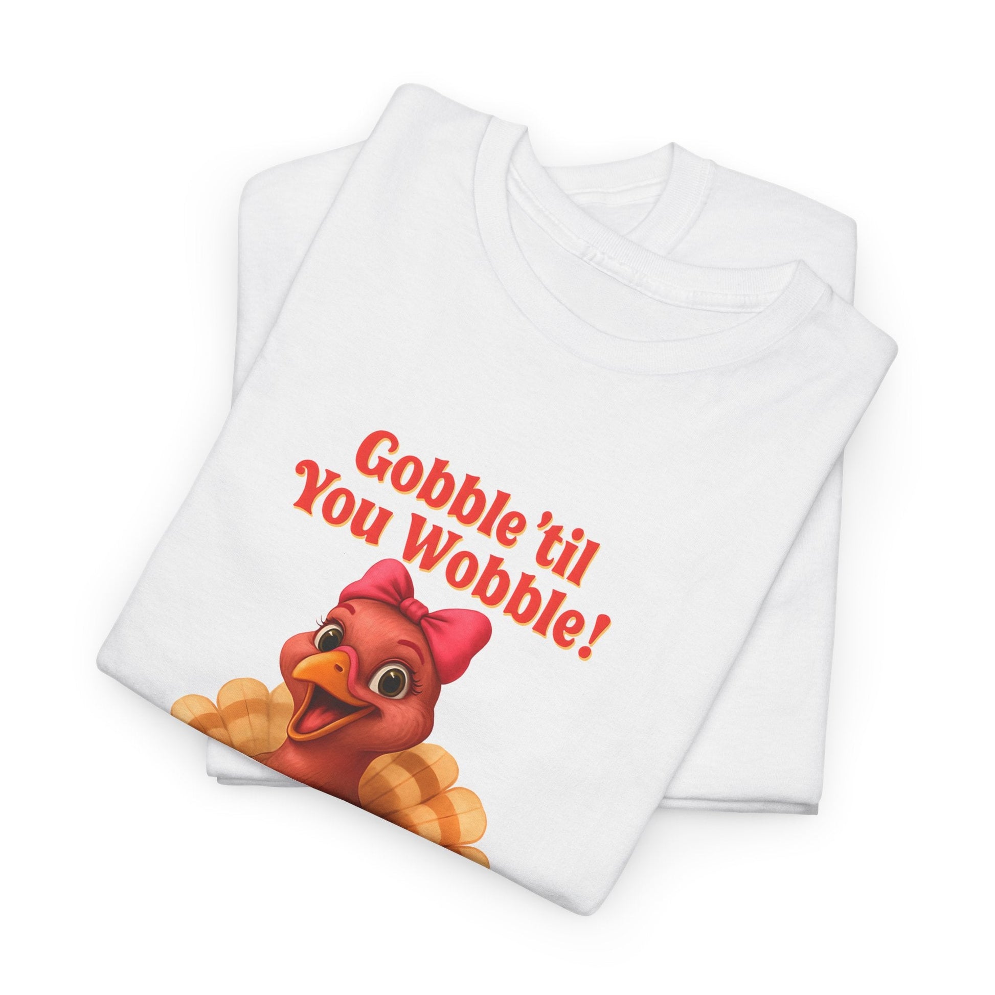 Gobble ’Til You Wobble Turkey Shirt – Funny Thanksgiving Tee, Smiling Female Turkey with Coquette Bow, Friendsgiving Graphic Top - White