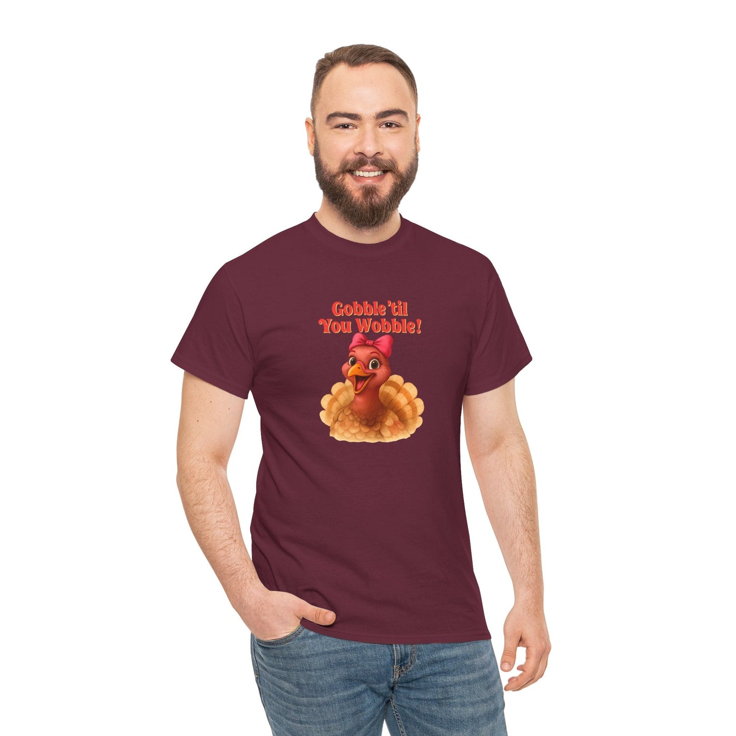 Gobble ’Til You Wobble Turkey Shirt – Funny Thanksgiving Tee, Smiling Female Turkey with Coquette Bow, Friendsgiving Graphic Top - Maroon