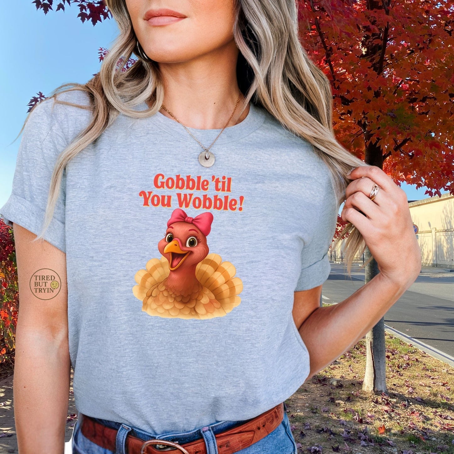 Gobble ’Til You Wobble Turkey Shirt – Funny Thanksgiving Tee, Smiling Female Turkey with Coquette Bow, Friendsgiving Graphic Top - Sport Grey