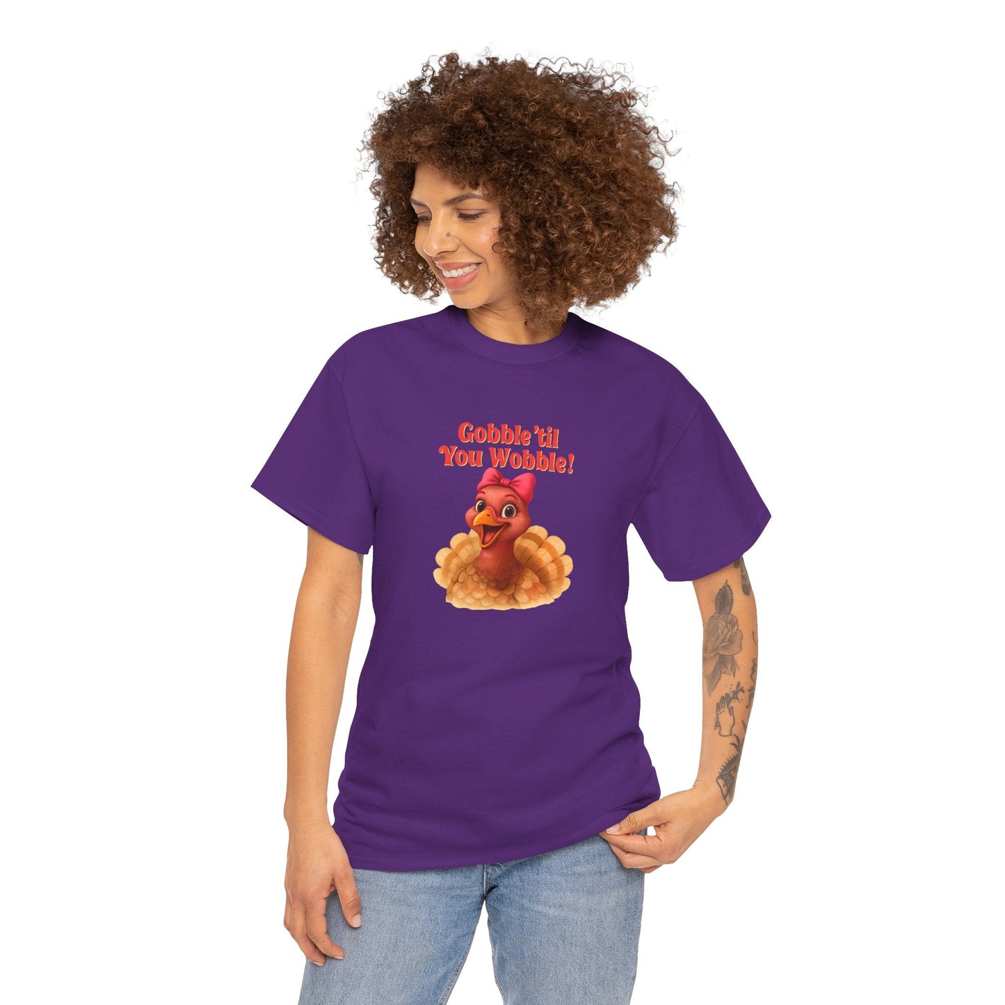 Gobble ’Til You Wobble Turkey Shirt – Funny Thanksgiving Tee, Smiling Female Turkey with Coquette Bow, Friendsgiving Graphic Top - Purple