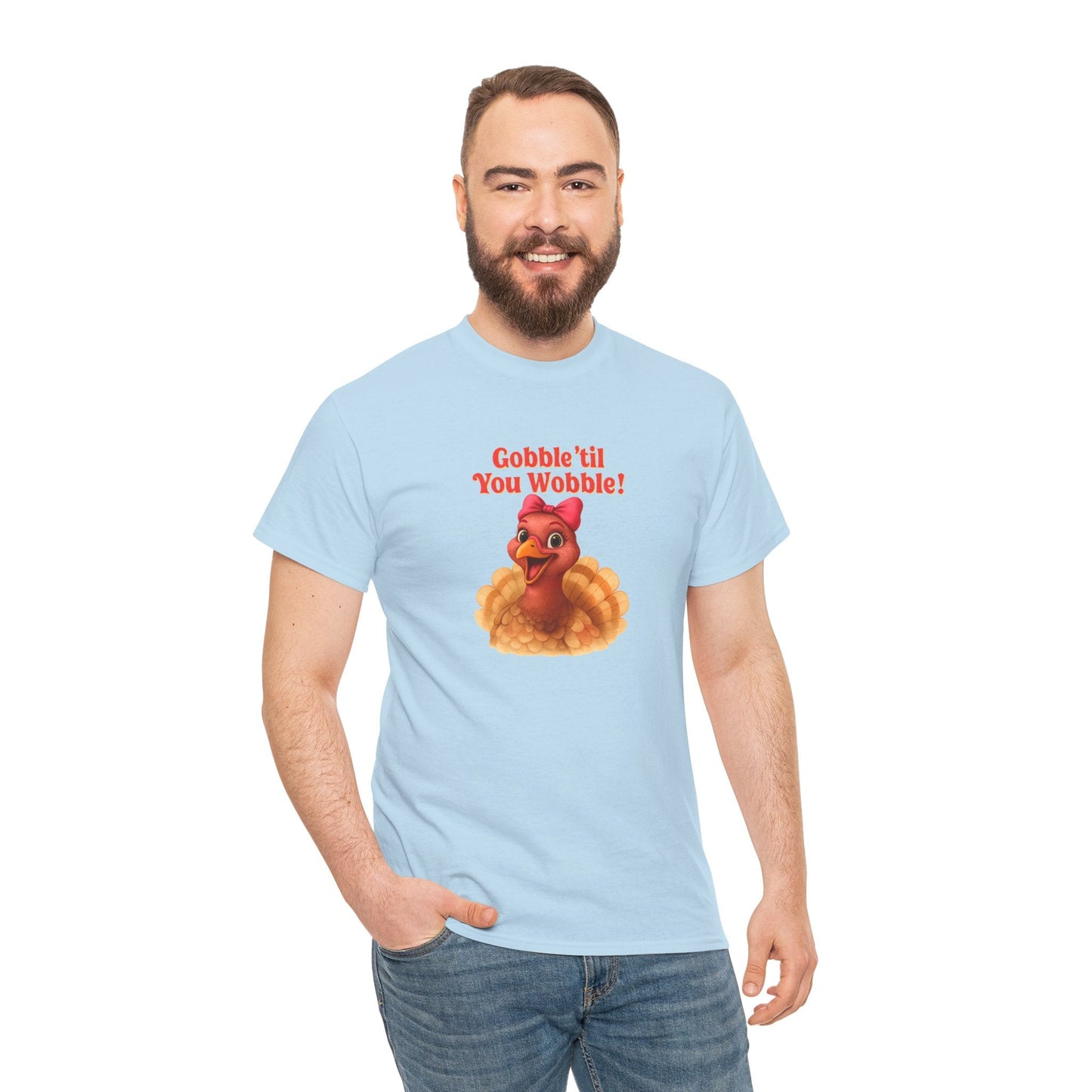 Gobble ’Til You Wobble Turkey Shirt – Funny Thanksgiving Tee, Smiling Female Turkey with Coquette Bow, Friendsgiving Graphic Top - Light Blue