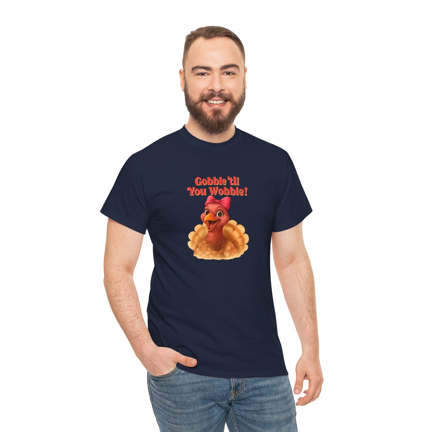 Gobble ’Til You Wobble Turkey Shirt – Funny Thanksgiving Tee, Smiling Female Turkey with Coquette Bow, Friendsgiving Graphic Top - Navy