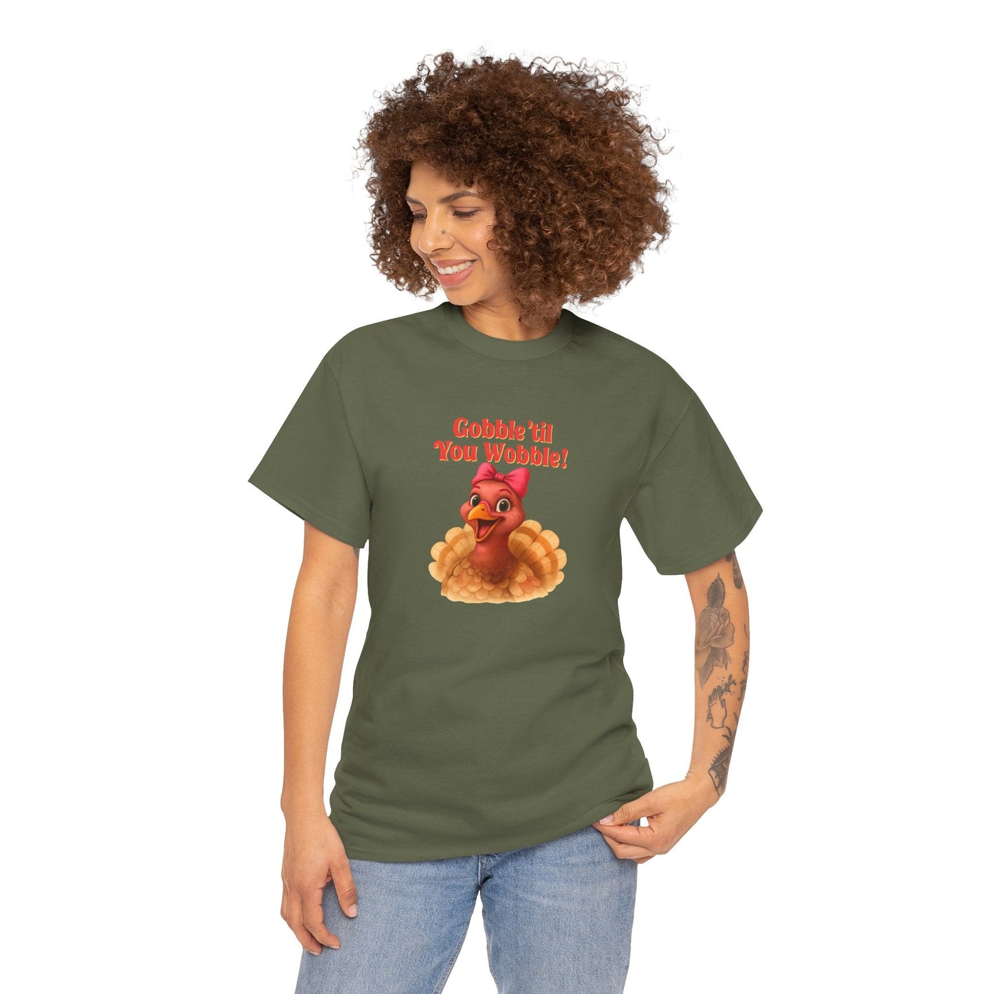 Gobble ’Til You Wobble Turkey Shirt – Funny Thanksgiving Tee, Smiling Female Turkey with Coquette Bow, Friendsgiving Graphic Top - Military Green