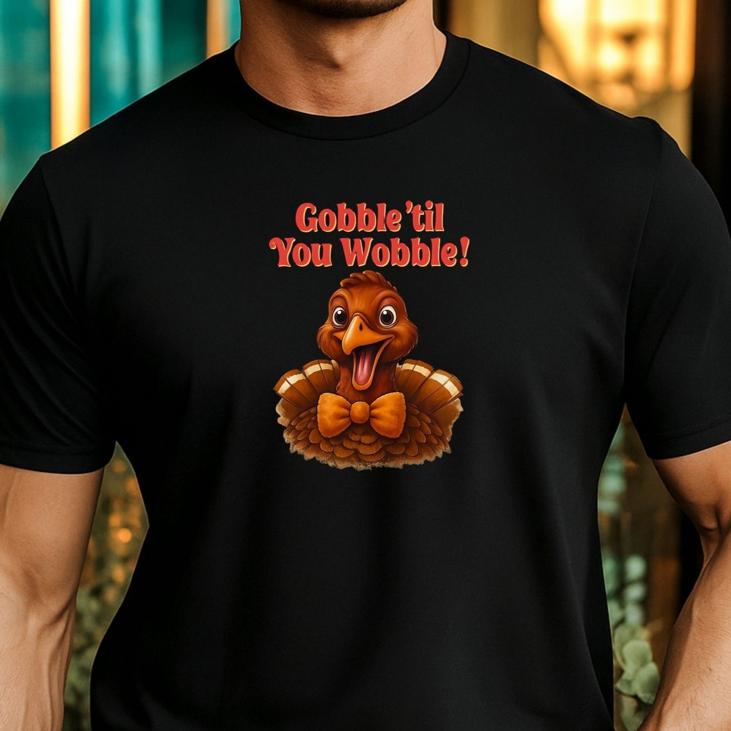 Gobble ’Til You Wobble Shirt – Smiling Bow-Tie Turkey Thanksgiving Tee, Funny Friendsgiving Unisex T-Shirt