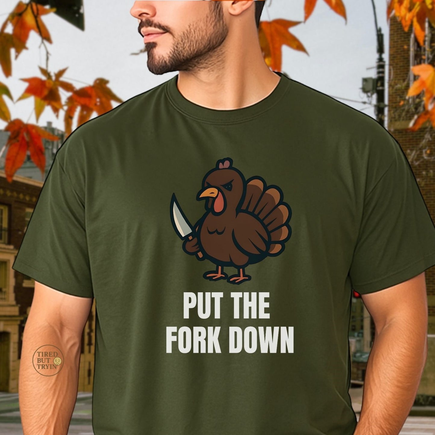Funny Angry Turkey Shirt – “Put the Fork Down” Unisex Thanksgiving Graphic Tee, Friendsgiving Meme T-Shirt