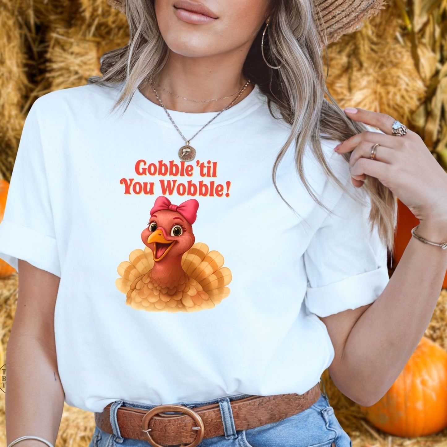 Gobble ’Til You Wobble Turkey Shirt – Funny Thanksgiving Tee, Smiling Female Turkey with Coquette Bow, Friendsgiving Graphic Top