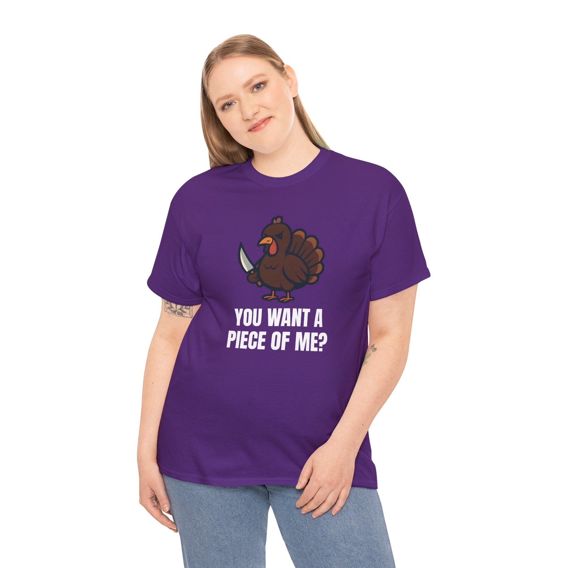 Funny Thanksgiving Turkey T-Shirt – “You Want a Piece of Me?” Unisex Graphic Tee - Purple