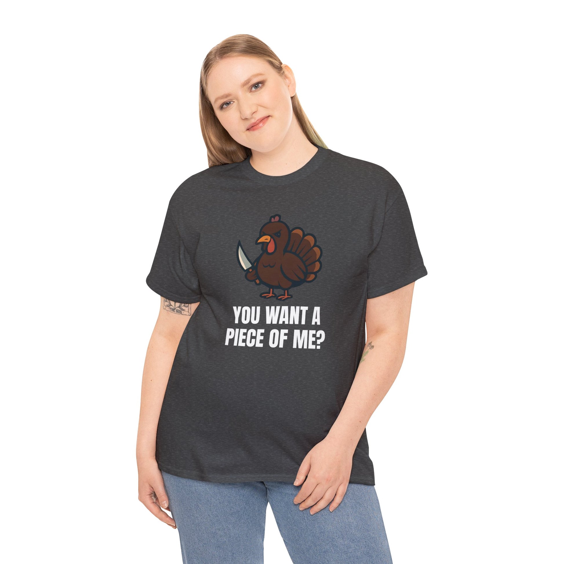 Funny Thanksgiving Turkey T-Shirt – “You Want a Piece of Me?” Unisex Graphic Tee - Dark Heather