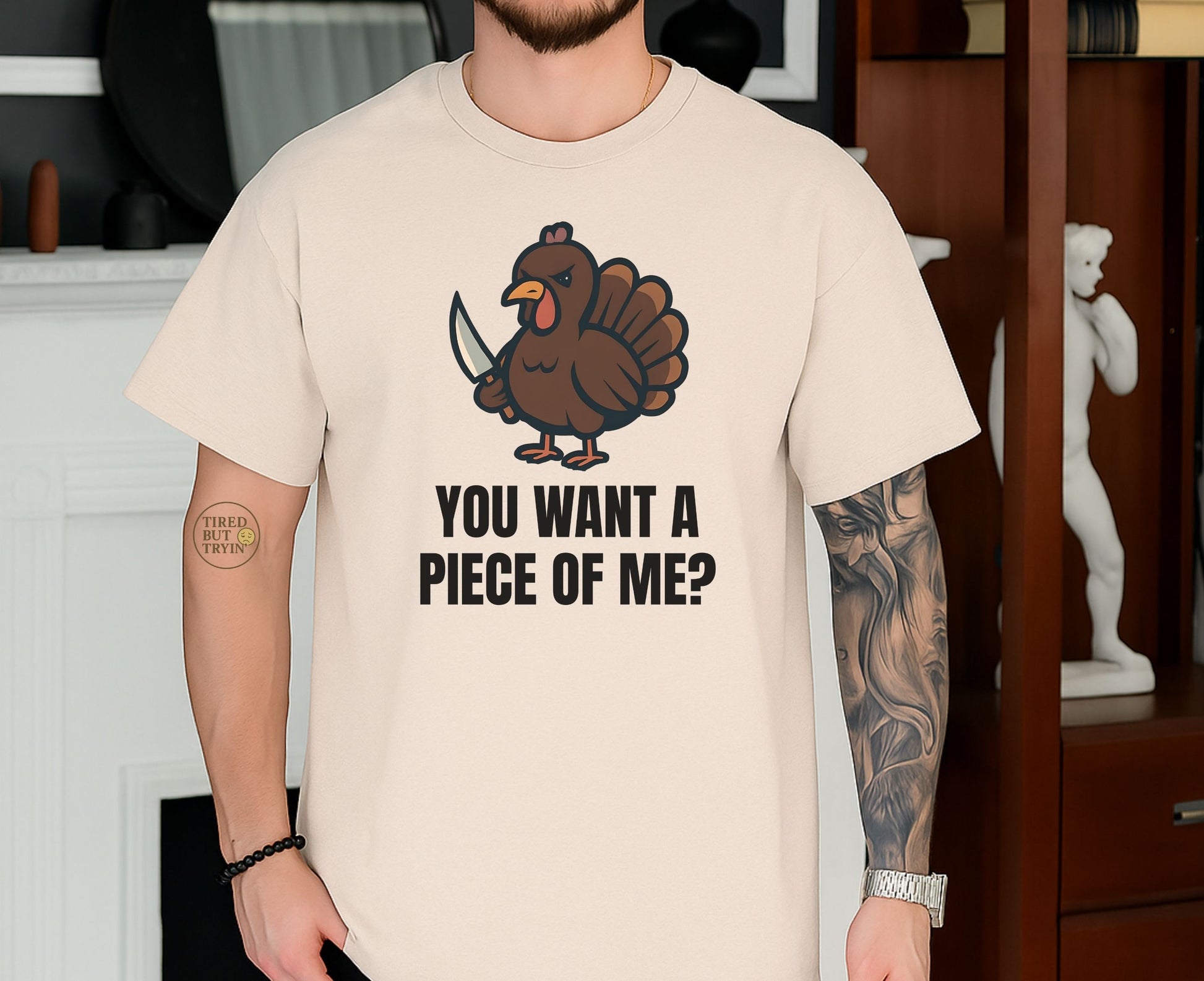 Funny Thanksgiving Turkey T-Shirt – “You Want a Piece of Me?” Unisex Graphic Tee - Sand