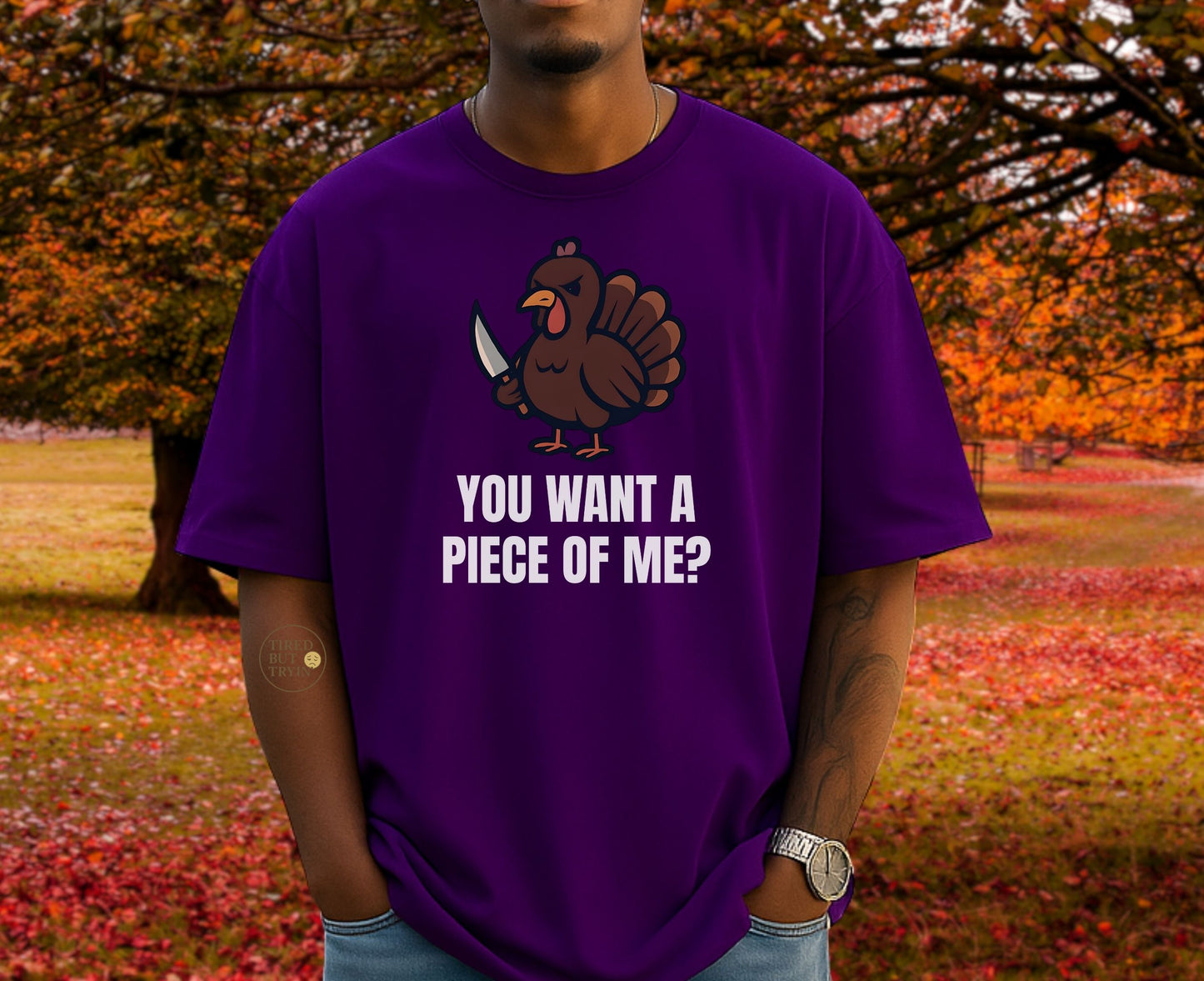Funny Thanksgiving Turkey T-Shirt – “You Want a Piece of Me?” Unisex Graphic Tee - Purple