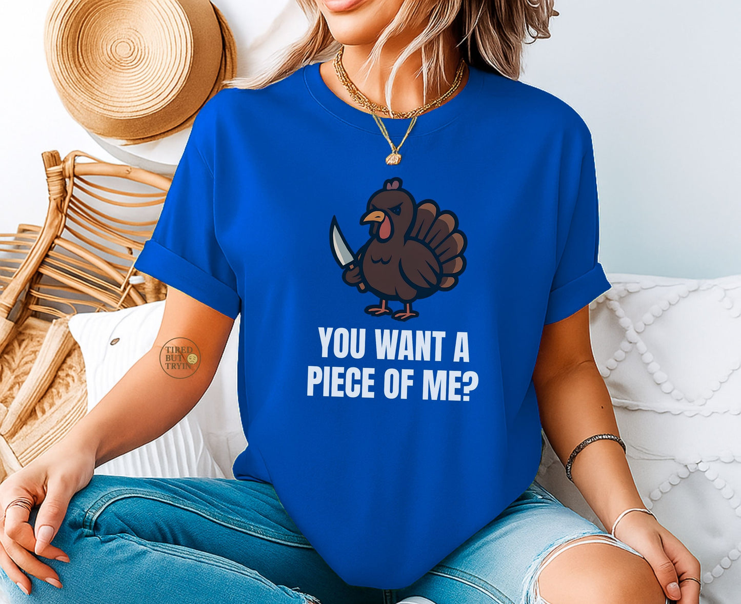 Funny Thanksgiving Turkey T-Shirt – “You Want a Piece of Me?” Unisex Graphic Tee - Royal