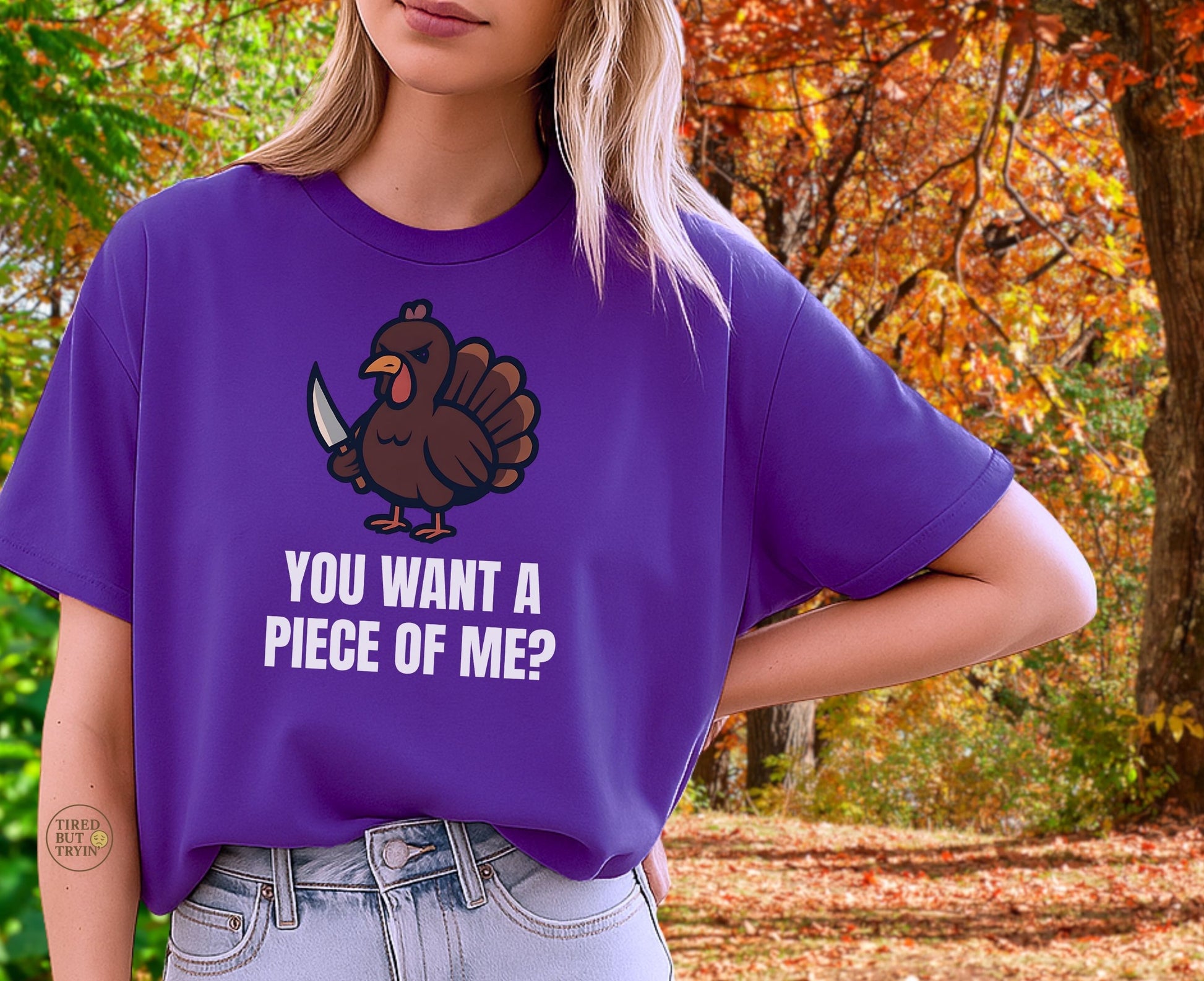 Funny Thanksgiving Turkey T-Shirt – “You Want a Piece of Me?” Unisex Graphic Tee - Purple