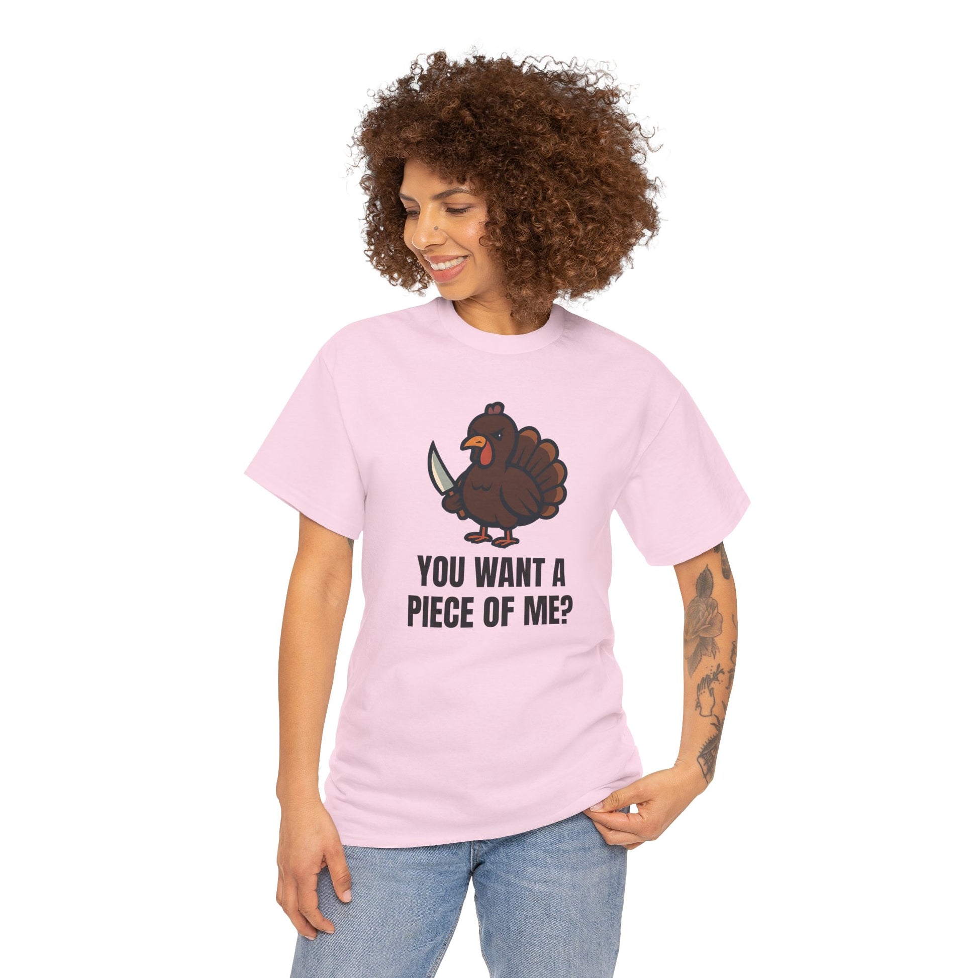 Funny Thanksgiving Turkey T-Shirt – “You Want a Piece of Me?” Unisex Graphic Tee - Light Pink