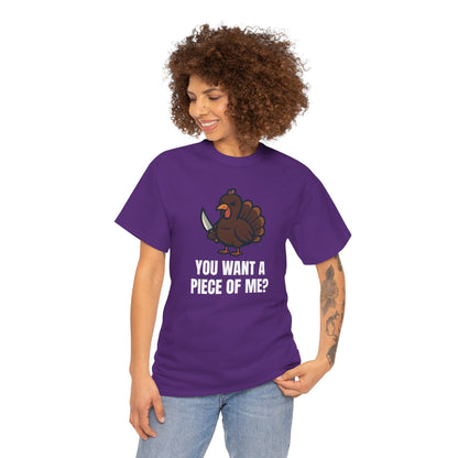 Funny Thanksgiving Turkey T-Shirt – “You Want a Piece of Me?” Unisex Graphic Tee - Purple