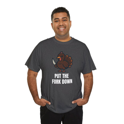 Funny Angry Turkey Shirt – “Put the Fork Down” Unisex Thanksgiving Graphic Tee, Friendsgiving Meme T-Shirt - Dark Heather