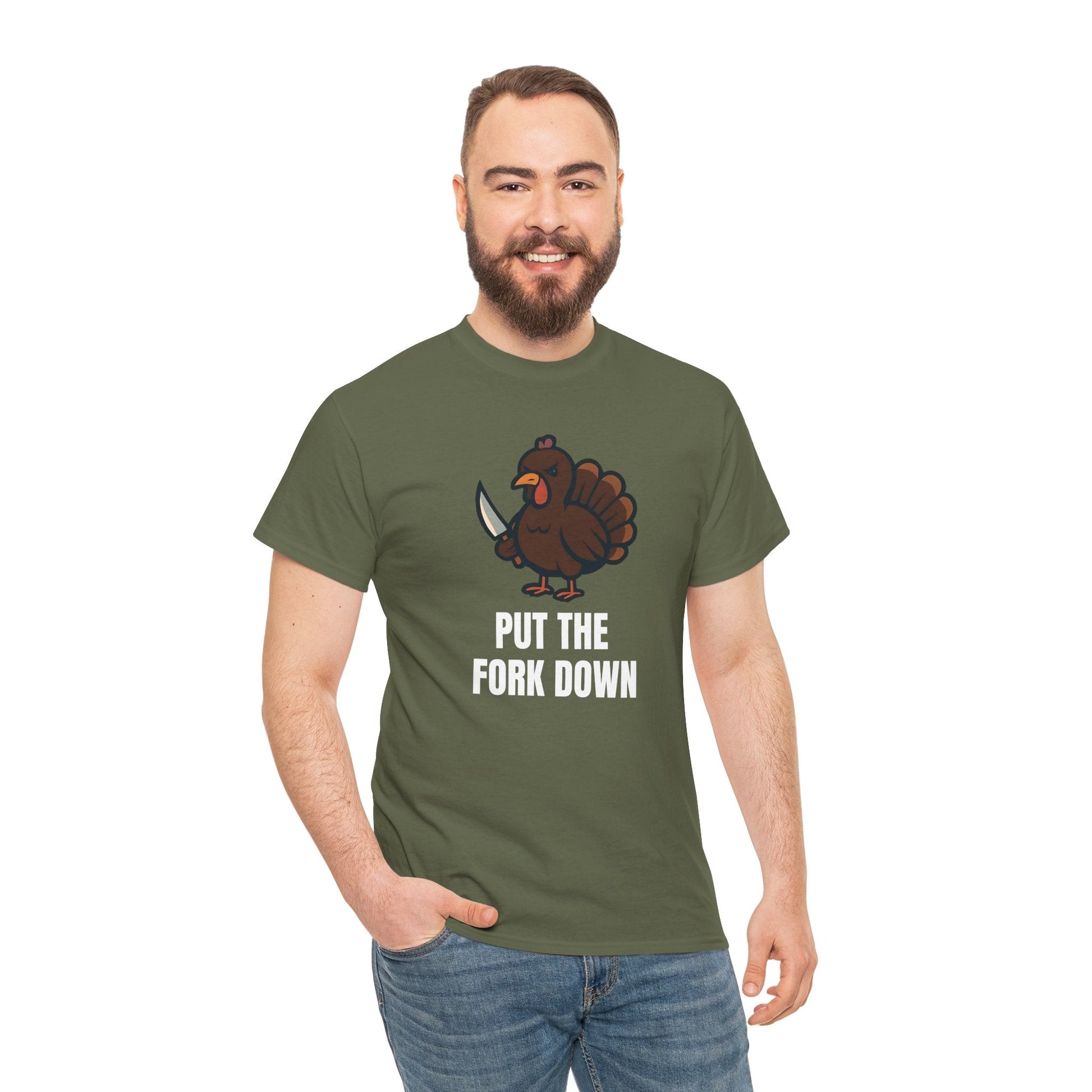 Funny Angry Turkey Shirt – “Put the Fork Down” Unisex Thanksgiving Graphic Tee, Friendsgiving Meme T-Shirt - Military Green