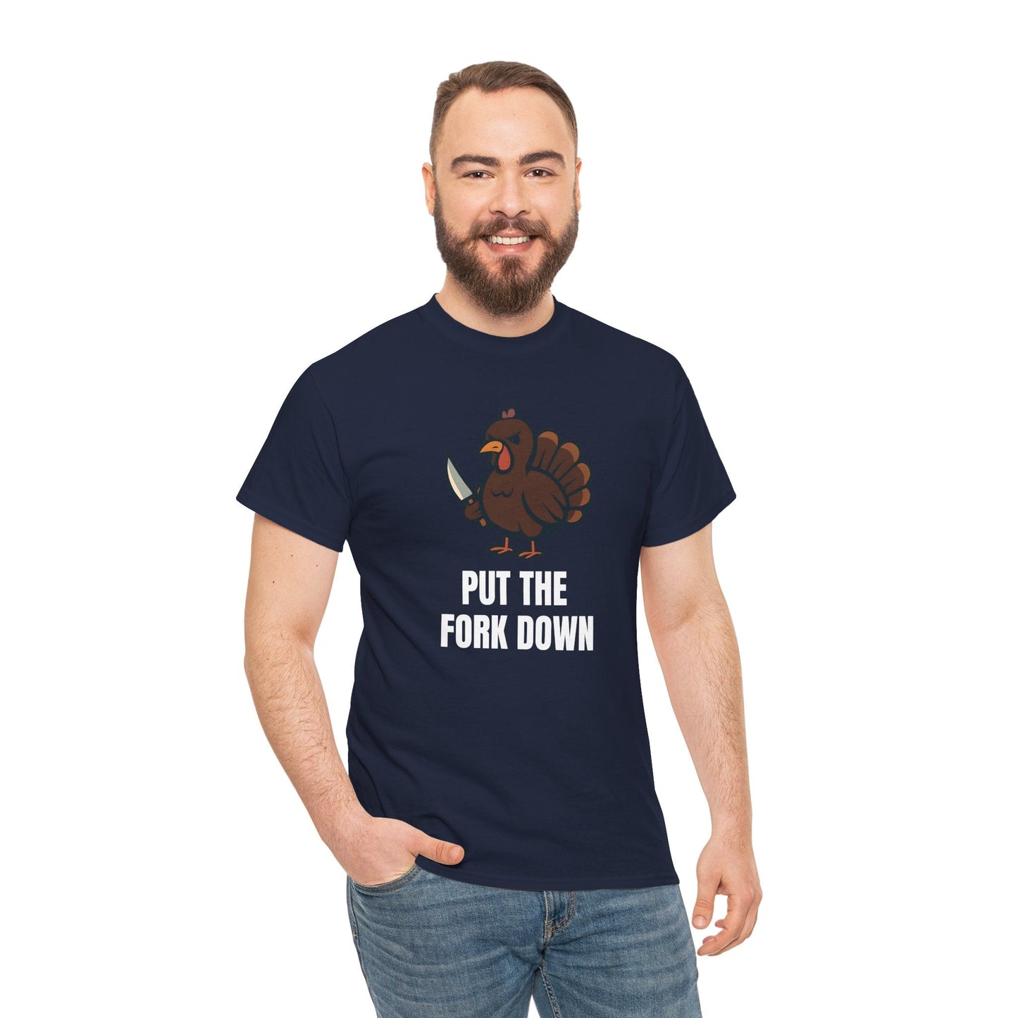Funny Angry Turkey Shirt – “Put the Fork Down” Unisex Thanksgiving Graphic Tee, Friendsgiving Meme T-Shirt - Navy