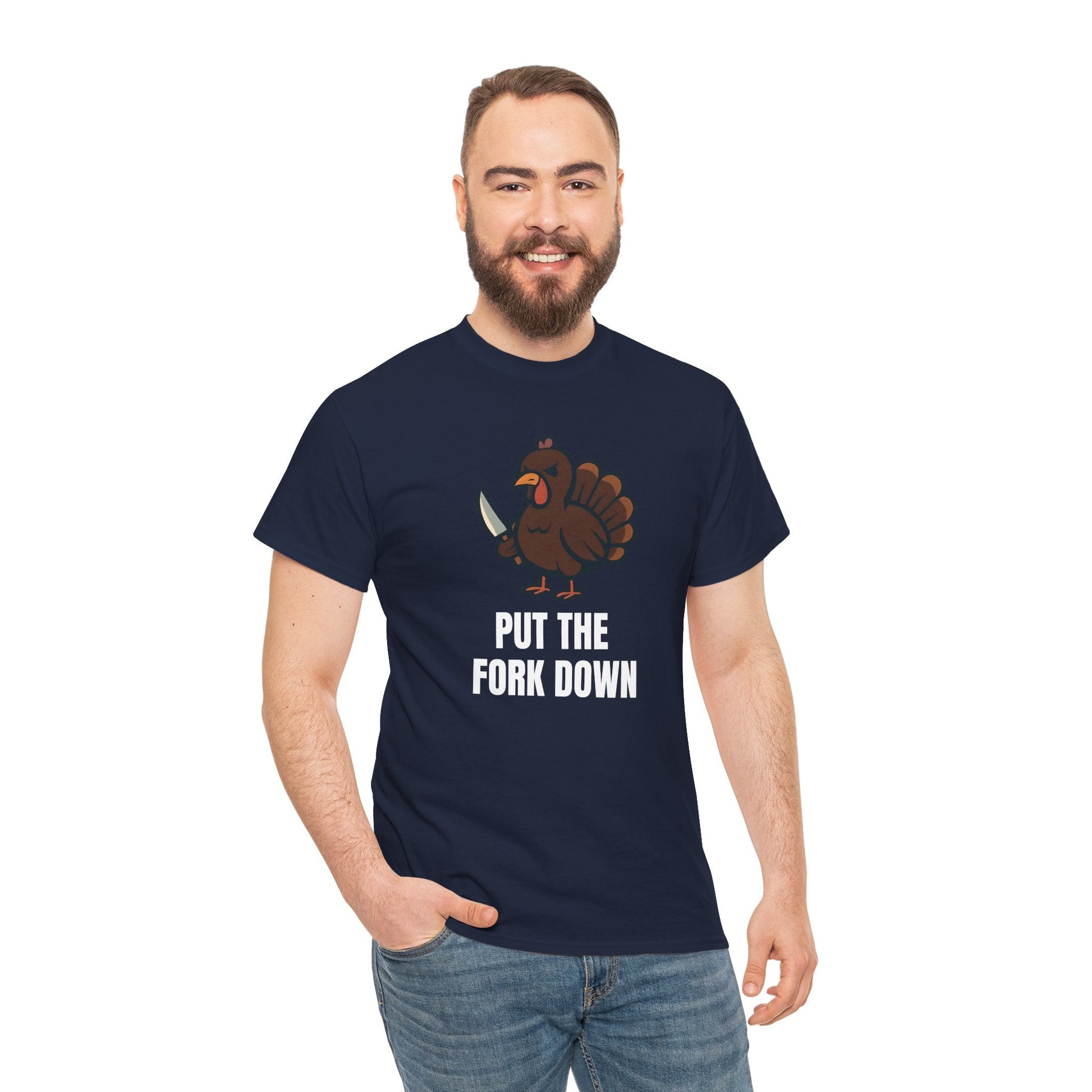 Funny Angry Turkey Shirt – “Put the Fork Down” Unisex Thanksgiving Graphic Tee, Friendsgiving Meme T-Shirt - Navy