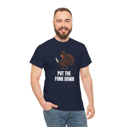 Funny Angry Turkey Shirt – “Put the Fork Down” Unisex Thanksgiving Graphic Tee, Friendsgiving Meme T-Shirt - Navy