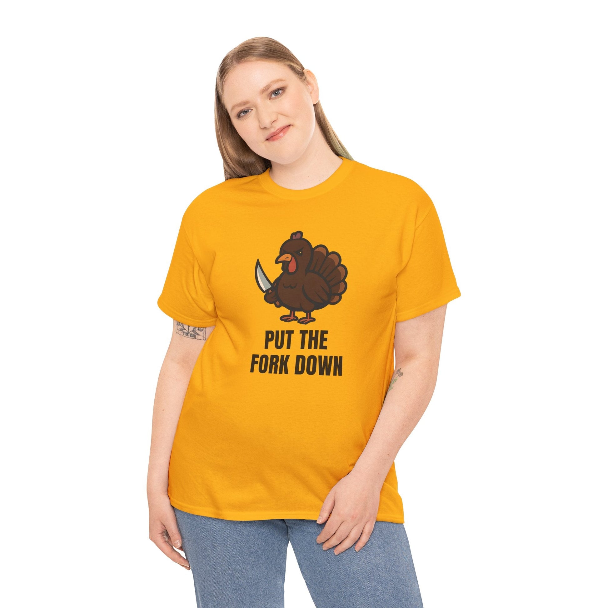 Funny Angry Turkey Shirt – “Put the Fork Down” Unisex Thanksgiving Graphic Tee, Friendsgiving Meme T-Shirt - Gold