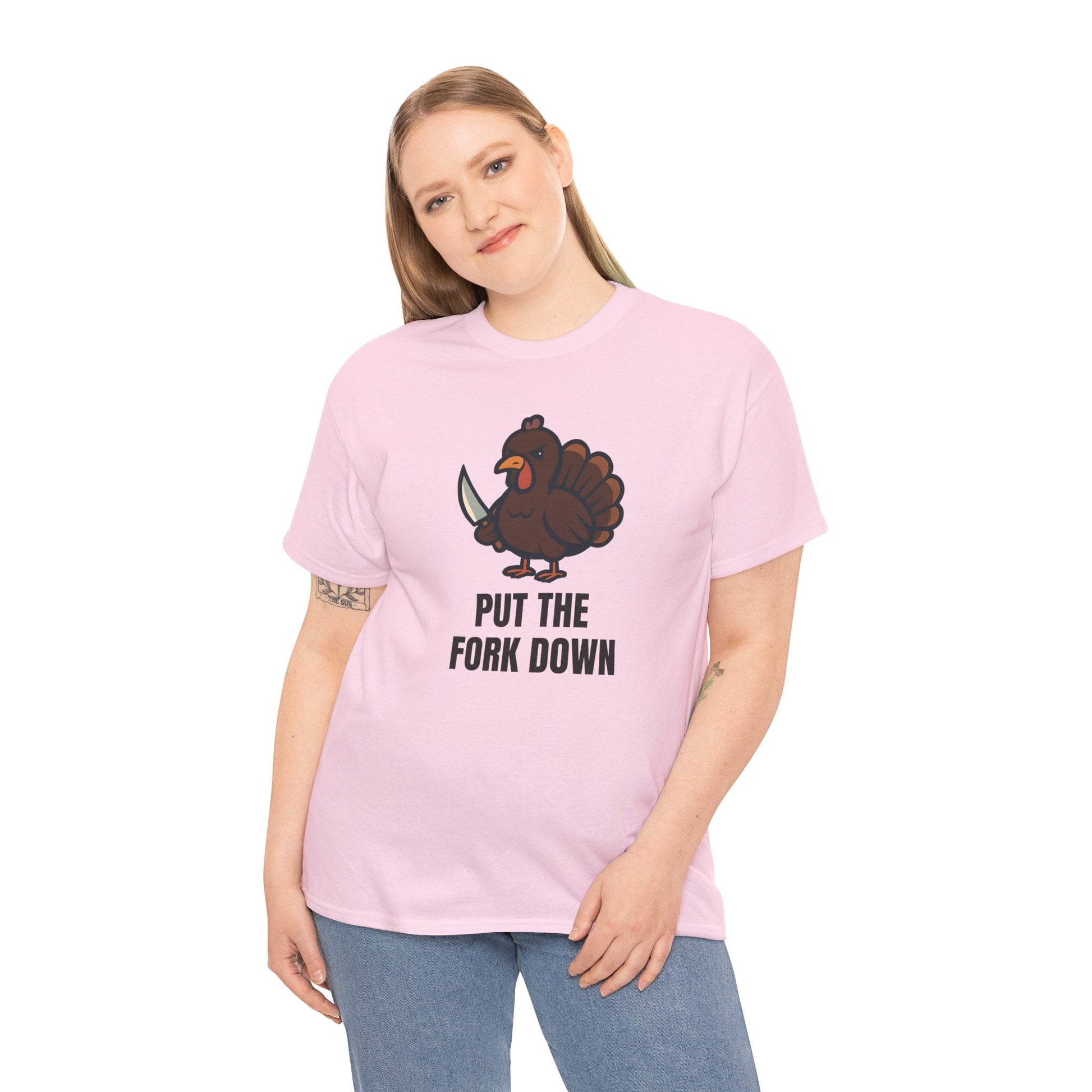 Funny Angry Turkey Shirt – “Put the Fork Down” Unisex Thanksgiving Graphic Tee, Friendsgiving Meme T-Shirt - Light Pink