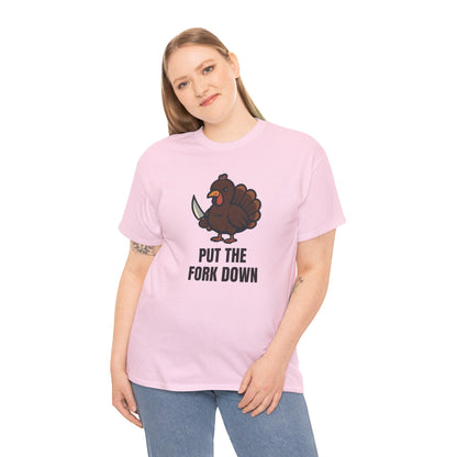 Funny Angry Turkey Shirt – “Put the Fork Down” Unisex Thanksgiving Graphic Tee, Friendsgiving Meme T-Shirt - Light Pink