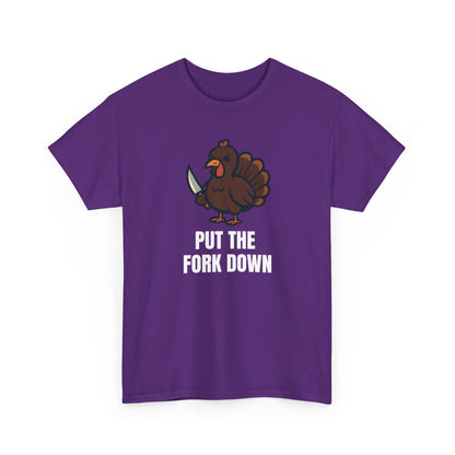 Funny Angry Turkey Shirt – “Put the Fork Down” Unisex Thanksgiving Graphic Tee, Friendsgiving Meme T-Shirt - Purple