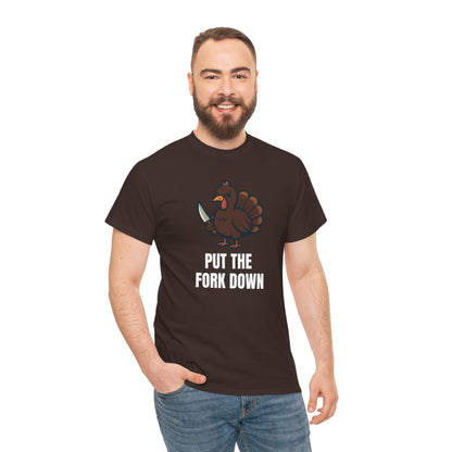 Funny Angry Turkey Shirt – “Put the Fork Down” Unisex Thanksgiving Graphic Tee, Friendsgiving Meme T-Shirt - Dark Chocolate