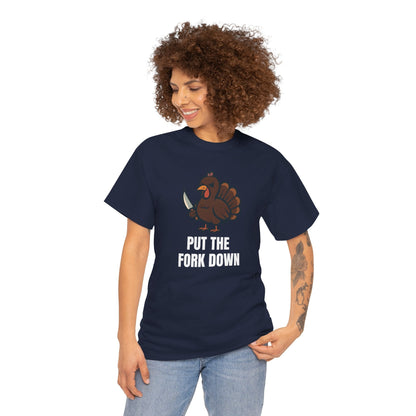Funny Angry Turkey Shirt – “Put the Fork Down” Unisex Thanksgiving Graphic Tee, Friendsgiving Meme T-Shirt - Navy