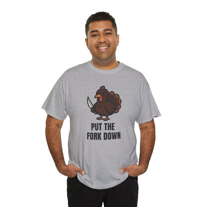 Funny Angry Turkey Shirt – “Put the Fork Down” Unisex Thanksgiving Graphic Tee, Friendsgiving Meme T-Shirt - Sport Grey