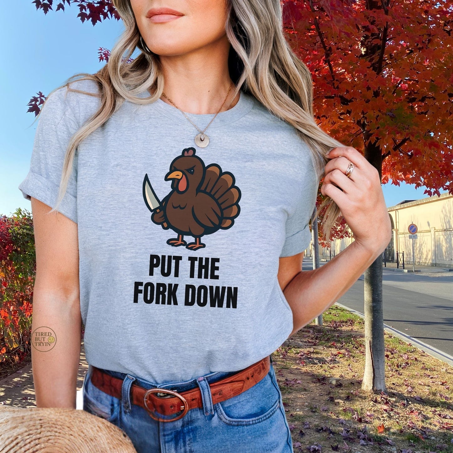 Funny Angry Turkey Shirt – “Put the Fork Down” Unisex Thanksgiving Graphic Tee, Friendsgiving Meme T-Shirt - Sport Grey
