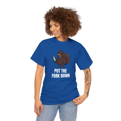 Funny Angry Turkey Shirt – “Put the Fork Down” Unisex Thanksgiving Graphic Tee, Friendsgiving Meme T-Shirt - Royal